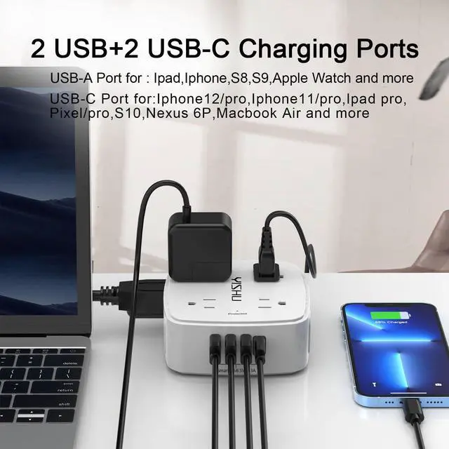Alt view image 5 of 7 - 6 Ft Surge Protector Power Strip - 8 Widely Outlets with 4 USB Ports, 3 Side Outlet Extender with 6 Feet Extension Cord, Flat Plug, Wall Mount, Desk USB Charging Station, ETL,White