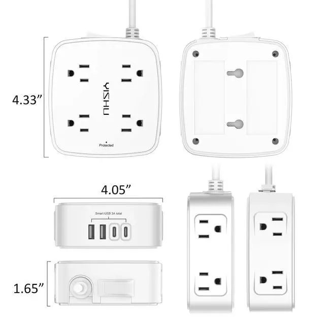Alt view image 7 of 7 - 6 Ft Surge Protector Power Strip - 8 Widely Outlets with 4 USB Ports, 3 Side Outlet Extender with 6 Feet Extension Cord, Flat Plug, Wall Mount, Desk USB Charging Station, ETL,White