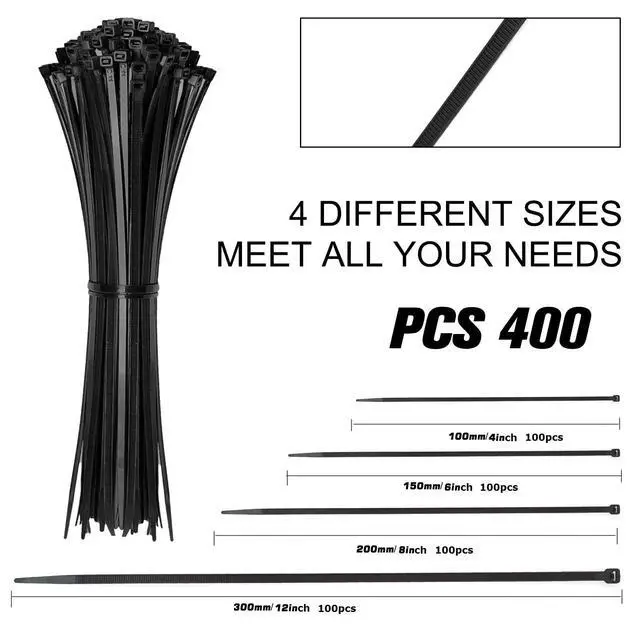 Alt view image 2 of 7 - Cable Zip Ties,400 Pack Black Assorted Sizes 12+8+6+4 Inch,Multi-Purpose Self-Locking Nylon Cable Cord Management,Plastic Wire Ties for Home,Office,Garden,Workshop. By HAVE ME TD