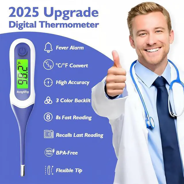 Alt view image 6 of 7 - Digital Thermometer for Adults and Kids,Fast 8-Second Oral Thermometer with Fever Alarm,Waterproof Baby Thermometer for Oral Rectal Underarm,3-Color Backlit LCD,BPA Free,Storage Case Included