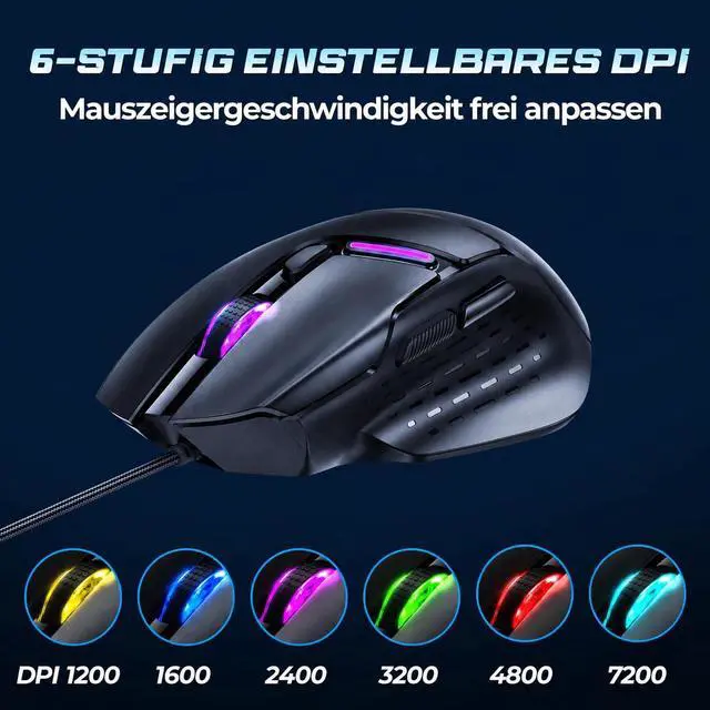Alt view image 3 of 7 - Ergonomic Wired Gaming Mouse, RGB Programmable Mouse with 6 Macro Buttons, 7200 DPI Adjustable, Silent Click USB-A Computer Mouse for PC Gamer, Windows, Mac, Laptop