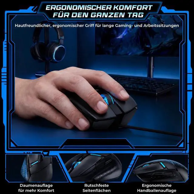 Alt view image 2 of 7 - Ergonomic Wired Gaming Mouse, RGB Programmable Mouse with 6 Macro Buttons, 7200 DPI Adjustable, Silent Click USB-A Computer Mouse for PC Gamer, Windows, Mac, Laptop
