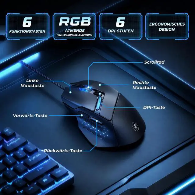 Alt view image 5 of 7 - Ergonomic Wired Gaming Mouse, RGB Programmable Mouse with 6 Macro Buttons, 7200 DPI Adjustable, Silent Click USB-A Computer Mouse for PC Gamer, Windows, Mac, Laptop
