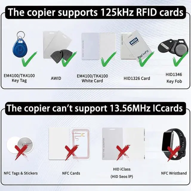 Alt view image 2 of 7 - Handheld 125khz RFID Reader Writer,AWID and HID Copier with 5 T5577 Keyfobs & 5 White Cards