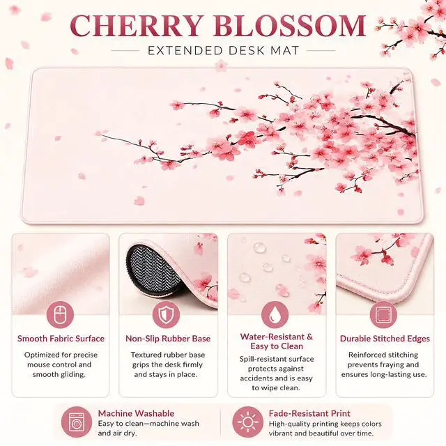 Alt view image 3 of 7 - Large Mouse Pad, Desk Mat Computer Keyboard Pad Non-Slip Rubber Base Waterproof with Stitched Edges for Laptop Gaming, Office & Home 31.5 x 11.8 Inch (Cherry Blossom)