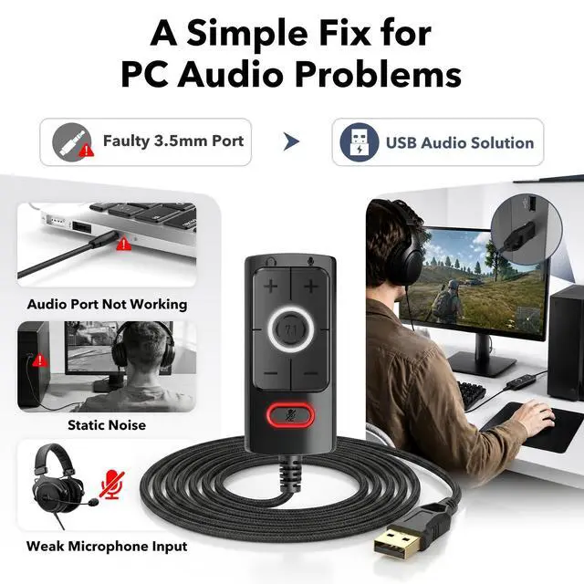 Alt view image 2 of 7 - S03 USB Sound Card, 7.1 Virtual Surround Sound Gaming Audio Adapter, Plug & Play USB to 3.5mm Headphone and Microphone Jack with Volume Control, Mic Mute, for PC, Laptop and Gaming Devices