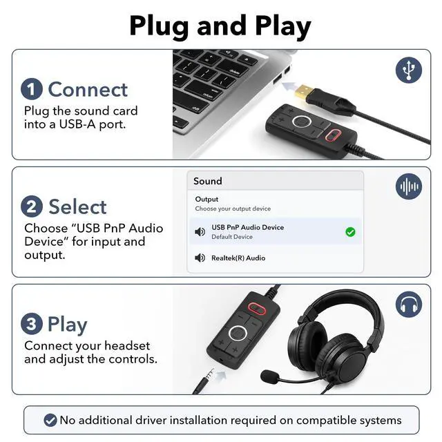 Alt view image 3 of 7 - S03 USB Sound Card, 7.1 Virtual Surround Sound Gaming Audio Adapter, Plug & Play USB to 3.5mm Headphone and Microphone Jack with Volume Control, Mic Mute, for PC, Laptop and Gaming Devices
