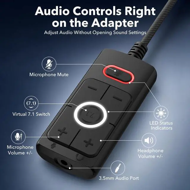 Alt view image 4 of 7 - S03 USB Sound Card, 7.1 Virtual Surround Sound Gaming Audio Adapter, Plug & Play USB to 3.5mm Headphone and Microphone Jack with Volume Control, Mic Mute, for PC, Laptop and Gaming Devices