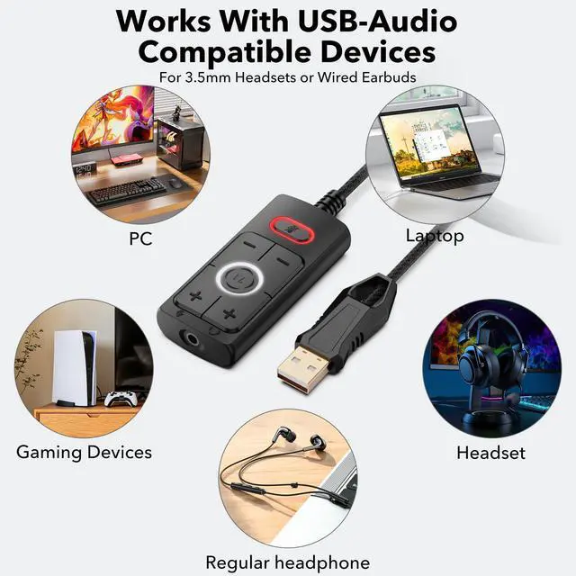 Alt view image 6 of 7 - S03 USB Sound Card, 7.1 Virtual Surround Sound Gaming Audio Adapter, Plug & Play USB to 3.5mm Headphone and Microphone Jack with Volume Control, Mic Mute, for PC, Laptop and Gaming Devices