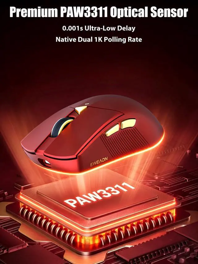 Alt view image 4 of 7 - Wireless Gaming Mouse, PAW3311, 12800 DPI, Tri-Mode, Red