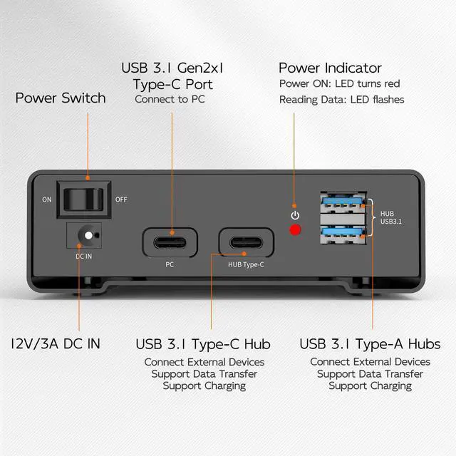 Alt view image 5 of 7 - External Hard Drive Enclosure for 2.5 3.5 inch SATA SSD HDD, USB C 3.1 GEN2 10Gbps Hard Drive Reader HDD Case with UASP, 24TB Capacity, Aluminum, 3X USB Ports Extension