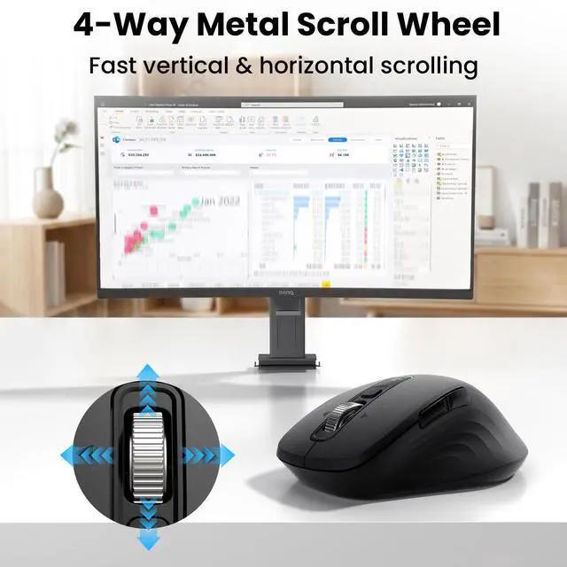 Alt view image 2 of 7 - Wireless Bluetooth Mouse, Multi-Device Ergonomic Mouse with 5 Programmable Buttons, 4-Way Metal Scroll Wheel,4800 DPI Adjustable, 18-Month Battery Life, Silent Click, for Laptop, PC, Mac - Black