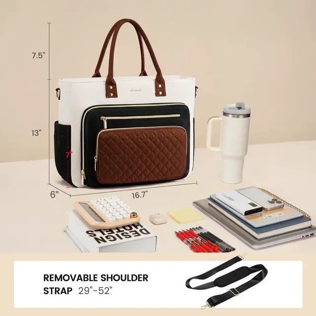 Alt view image 7 of 7 - Teacher Tote Bag for Women Work, Laptop Bag With Large Cup Holder, Nurse Bags Professional Briefcase Business Computer Purses Bible Handbag Gifts, Black-Beige-Brown, 15.6 Inch