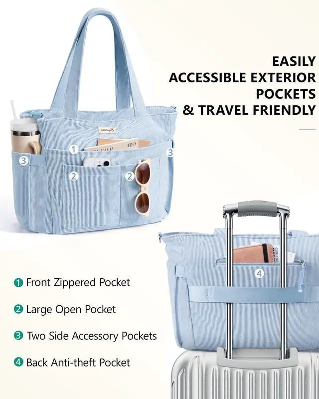 Alt view image 7 of 7 - Corduroy Tote Bag for Women, 17 Pockets Laptop Work Tote Bag Lightweight Teacher Nurse Bible Bag for School Travel