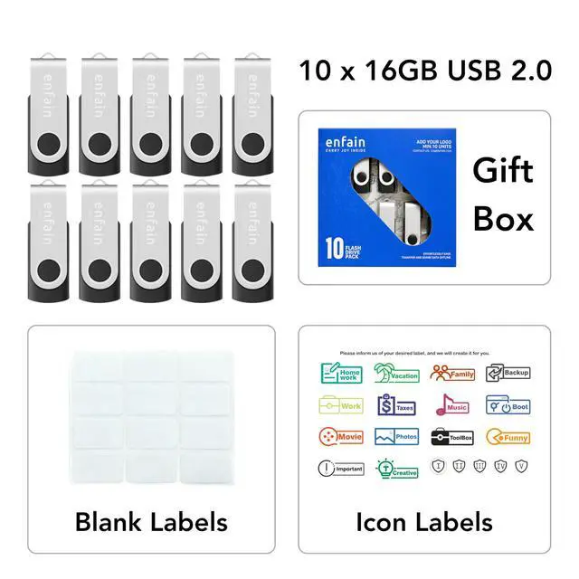 Alt view image 2 of 7 - 16GB USB 2.0 Flash Drive 10 Pack | Swivel Thumb Drives with 31 Labels | Gift-Ready Packaging for Corporate Events, Office & Team Distributions (Black)