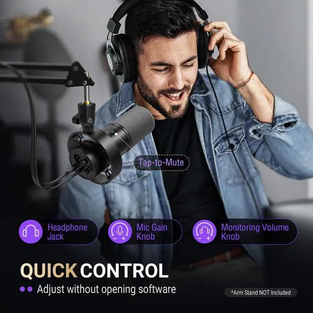 Alt view image 7 of 7 - Dynamic Microphone, XLR/USB Podcast Recording PC Microphone for Vocal Voice-Over Streaming, Studio Metal Mic with Mute, Headphone Jack, Monitoring Volume Control, Windscreen-Amplitank K688