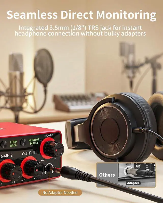 Alt view image 4 of 7 - Audio Interface, 2X2 24-bit/192kHz Interface for High-Fidelity, Studio Quality PC/Mac/iOS Recording, XLR/TRS Combo Input, Monitor Mix/Loopback Function, One-Cable Setup(Alloy Red)