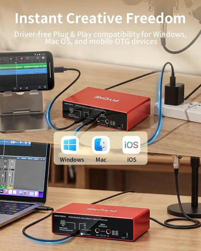Alt view image 5 of 7 - Audio Interface, 2X2 24-bit/192kHz Interface for High-Fidelity, Studio Quality PC/Mac/iOS Recording, XLR/TRS Combo Input, Monitor Mix/Loopback Function, One-Cable Setup(Alloy Red)