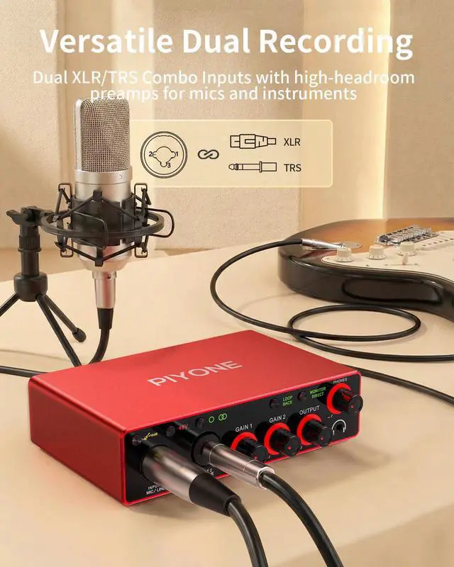 Alt view image 6 of 7 - Audio Interface, 2X2 24-bit/192kHz Interface for High-Fidelity, Studio Quality PC/Mac/iOS Recording, XLR/TRS Combo Input, Monitor Mix/Loopback Function, One-Cable Setup(Alloy Red)