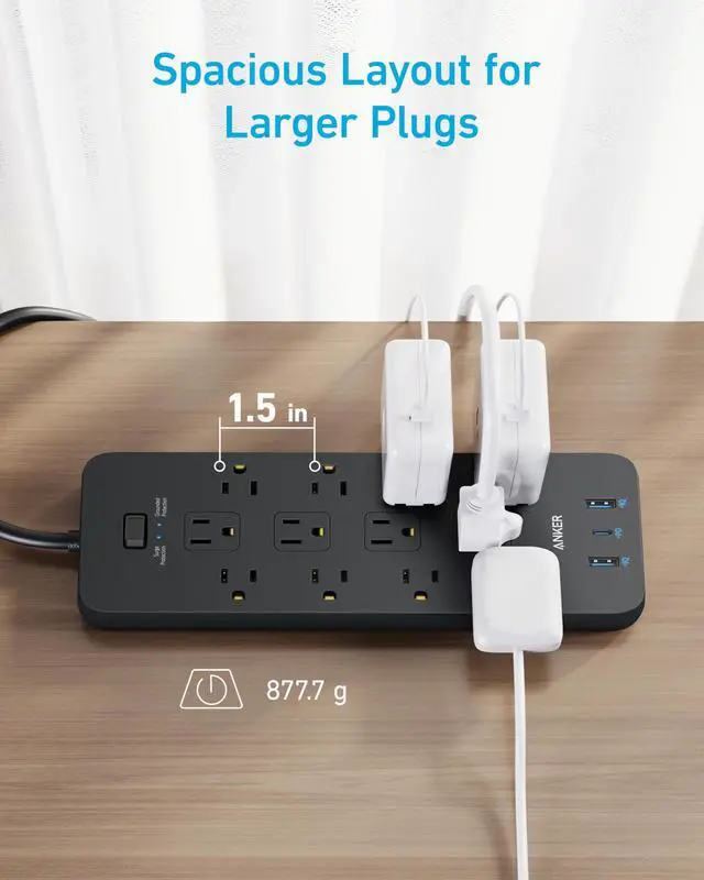 Alt view image 6 of 7 - Power Strip with 2100J Surge Protector, Outlet Extender, 10ft Extension Cord with Multiple Outlets, 12 AC, 2 USB A,1 USB C Port for 20W, Home Office, Dorm Room Essentials, TUV Listed