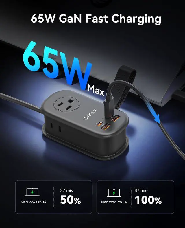 Alt view image 3 of 7 - Travel Power Strip, 65W GaN Charging Station with 3 Outlets & 4 USB Ports (2 USB C), 4FT Flat Plug Extension Cord with Wraparound Design, Compact USB C Charger for Cruise Home Office Dorm Laptop