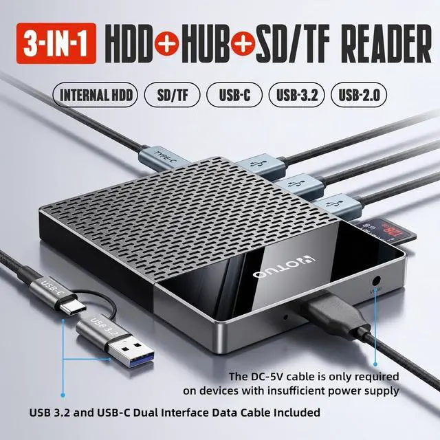 Alt view image 2 of 7 - 1TB External Hard Drive, USB C Multiport Hub HDD 7-in-1, USB 3.0, SD/TF Card Reader, Docking Station, Multi-Function HDD for Windows, Mac, Android, TV, iPhone 15/16/17, Laptop, Desktop, PC