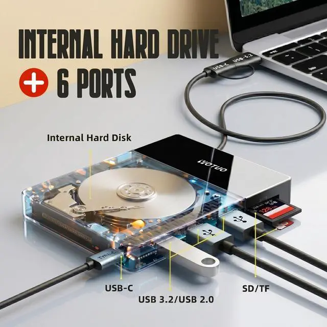 Alt view image 3 of 7 - 1TB External Hard Drive, USB C Multiport Hub HDD 7-in-1, USB 3.0, SD/TF Card Reader, Docking Station, Multi-Function HDD for Windows, Mac, Android, TV, iPhone 15/16/17, Laptop, Desktop, PC
