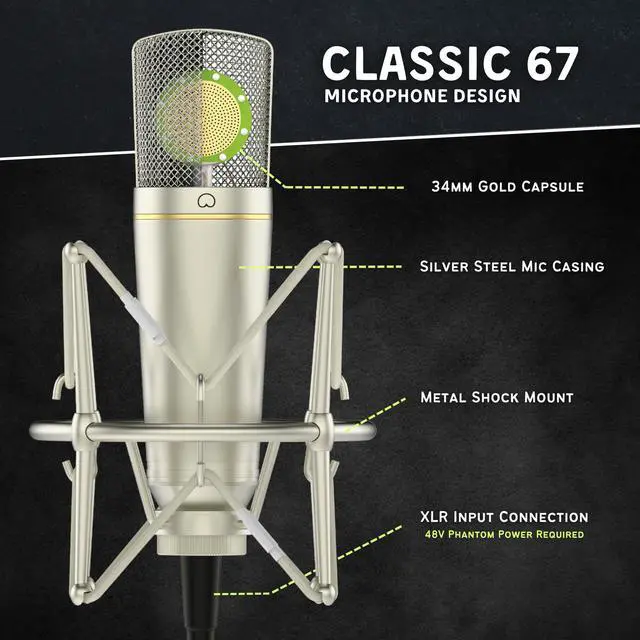 Alt view image 2 of 7 - MA-67 Studio Condenser Microphone, 34mm Gold Large Diaphragm Capsule, Including Hydro Pop Filter, Metal Shock Mount, XLR Cable and Mic Bag - For Music Production, Vocal Recording and Podcasting