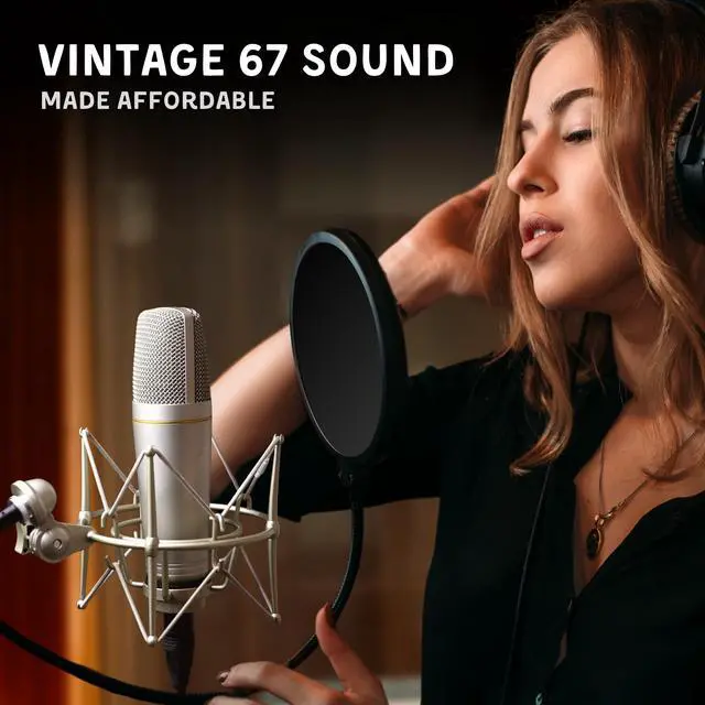 Alt view image 3 of 7 - MA-67 Studio Condenser Microphone, 34mm Gold Large Diaphragm Capsule, Including Hydro Pop Filter, Metal Shock Mount, XLR Cable and Mic Bag - For Music Production, Vocal Recording and Podcasting