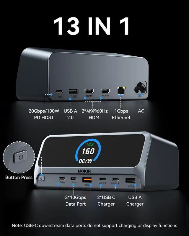 Alt view image 2 of 7 - 13-in-1 USB C Docking Station with LCD Display & Built-in Power, Dual 4K@60Hz HDMI, 10Gbps USB-A/C, 100W PD, 160W, Gigabit Ethernet, Privacy Button, for MacBook Pro/Air, Dell, HP, Lenovo
