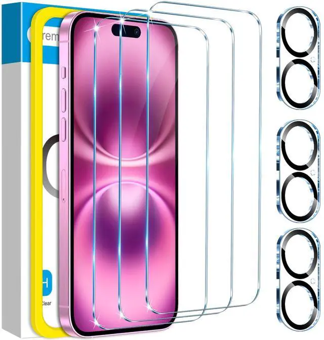 Main image of for 3Pack iPhone 16 Screen Protector with 3Pack Camera Lens Protector, 9H+ Tempered Glass Easy Installation Kit, Case Friendly iPhone 16