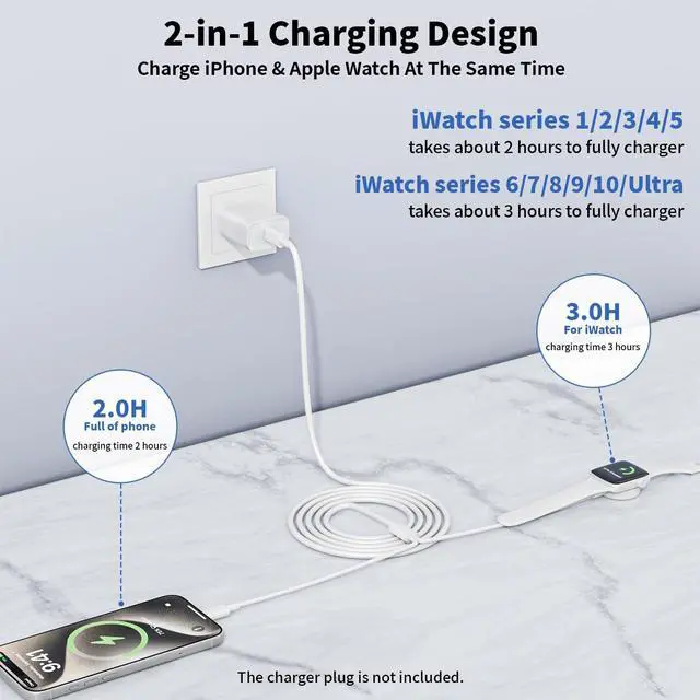 Alt view image 2 of 7 - 2 in 1 USB C Cable for Apple Watch Charger (6.6FT/2M) Fast Multi Charging Travel Cable iPhone Watch Charger iWatch Fast Charging Cord Compatible with iWatch Series 11/10/9/8/7/SE, iPhone 14/13/12/11
