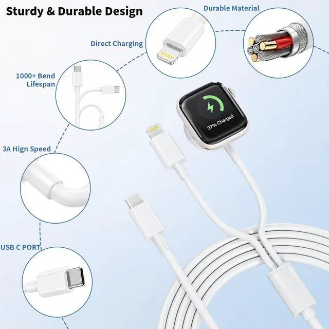 Alt view image 6 of 7 - 2 in 1 USB C Cable for Apple Watch Charger (6.6FT/2M) Fast Multi Charging Travel Cable iPhone Watch Charger iWatch Fast Charging Cord Compatible with iWatch Series 11/10/9/8/7/SE, iPhone 14/13/12/11