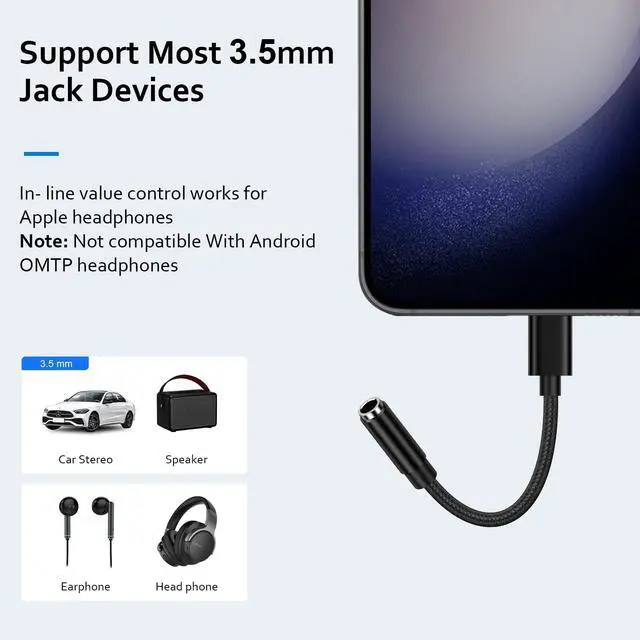 Alt view image 3 of 7 - USB C to 3.5mm Audio Adapter Samsung Type C to Headphone Jack Adapter Aux Dongle Cable for Samsung Galaxy S26 Ultra S26+ S26 S25 Ultra S25 FE Edge S25+ A37 A57 A17 A16 5G A36 A26 A56 S24 S23 S22 S21