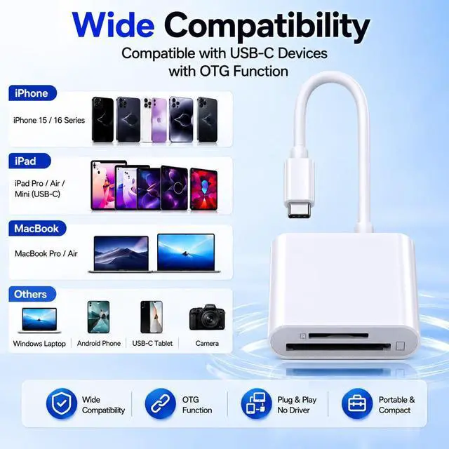 Alt view image 3 of 7 - USB-C SD Card Reader, Type C SD Card Reader, Supports SD and MicroSD Memory Card Adapters for iPhone 17 16/15/iPad/MacBook/Mac, High-Speed Trail Camera Viewer Plug & Play -2 Slots