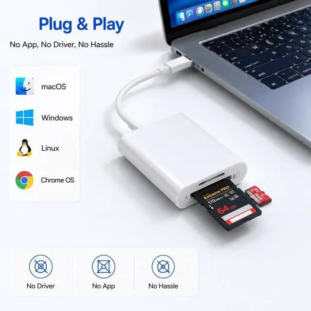 Alt view image 5 of 7 - USB-C SD Card Reader, Type C SD Card Reader, Supports SD and MicroSD Memory Card Adapters for iPhone 17 16/15/iPad/MacBook/Mac, High-Speed Trail Camera Viewer Plug & Play -2 Slots