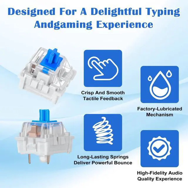 Alt view image 4 of 7 - 35Pcs Blue Switch Replacement with 1 Clip, 3 PIN Mechanical Keyboard Switch, Clicky with Strong Tactile Feedback, Accurate Typing, Dustproof, Office and Gaming LED Keyboard Universal Replacement Parts