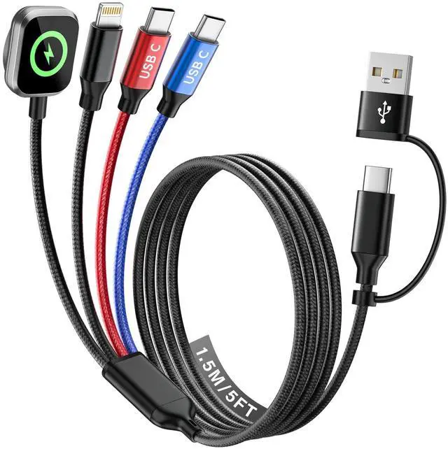 Main image of Dual Type-C Ports 4 in 2 USB C Cable for iWatch Charger/iPhone 17, Travel Charger Multi Charging Cable Cord for iWatch Ultra/SE/11-1, iPhone16-8, iPad, Android, Car, Cruise Travel Essentials -1Pc 5FT