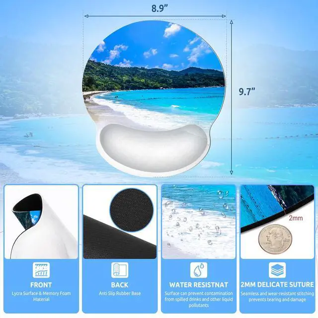 Alt view image 2 of 7 - Mouse Pad with Gel Wrist Rest, Beach Ergonomic Mousepad with Wrist Support, Smooth Surface and Non-Slip PU Base, Portable Pain Relief Mousepad for Computer, Laptop, Office & Home