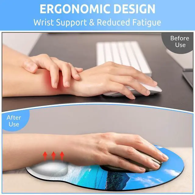 Alt view image 3 of 7 - Mouse Pad with Gel Wrist Rest, Beach Ergonomic Mousepad with Wrist Support, Smooth Surface and Non-Slip PU Base, Portable Pain Relief Mousepad for Computer, Laptop, Office & Home