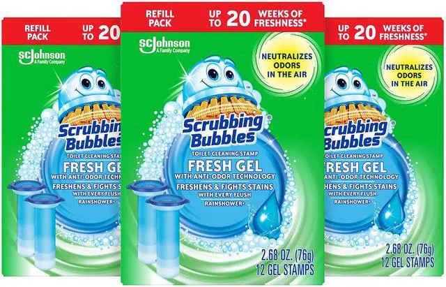 Main image of Fresh Gel Toilet Bowl Cleaning Stamps Refills, Helps Keep Toilet Clean and Helps Prevent Limescale & Rings, Rainshower Scent, 12 Stamps (Pack of 3)