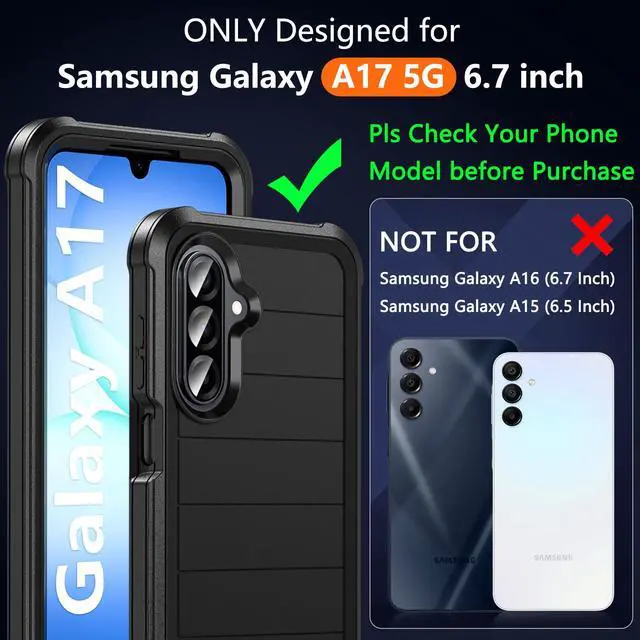 Alt view image 2 of 7 - for Samsung Galaxy A17 5G Phone Case with Screen Protector, Heavy Duty Military Shockproof Full Body Durable TPU Protective Cover Case for Samsung A17 5G (Black)