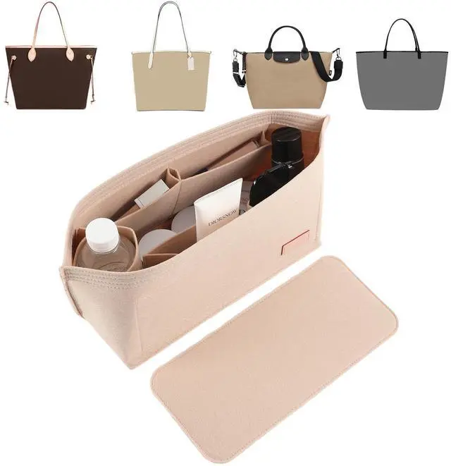 Main image of Purse Organizer Insert for Handbags & Base Shaper 2pc Set, Felt Neverfull MM Organizer Insert, Tote Bag Organizer with Zipper Pocket and Bottle Holder, Fit Speedy 30 Neverfull MM and More,Beige-L