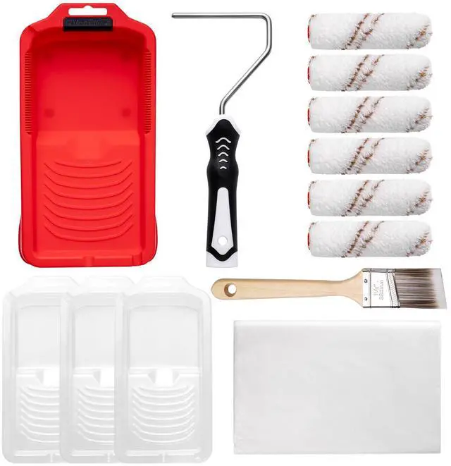 Main image of Mini Paint Roller Kit-13 Piece, 4-Inch Microfiber Paint Rollers with Ergonomic Handle, Small Roller Paint Brush, Paint Tray with 3 Liners, Perfect for House Painting, Trim, and Touch-Ups