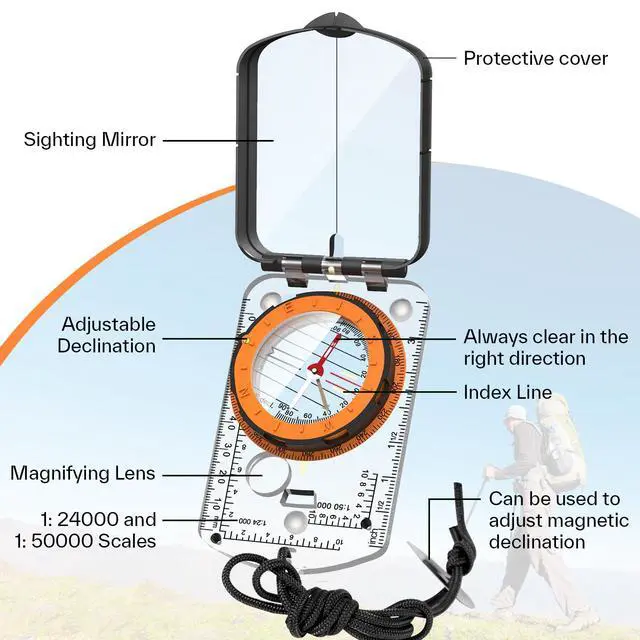 Alt view image 5 of 7 - Hiking Compass with Mirror, Backpacking Survival Navigation Tool with Global Needle, Waterproof Durable Orienteering Gear for Camping, Scouts, Kids and Outdoor Adventures
