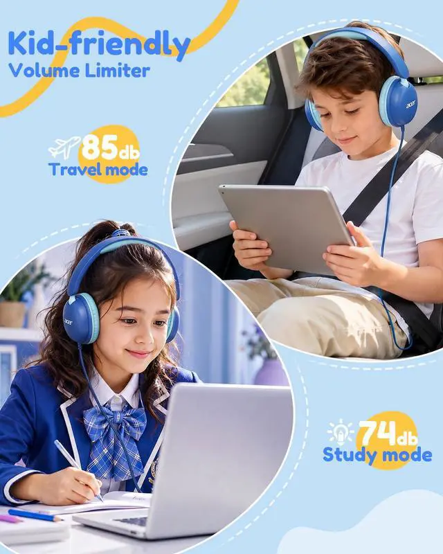 Alt view image 2 of 7 - Kids Headphones with Cord for School74/85dB Volume Limit, Over Ear Headphones for Kids Toddler Girls Boys, Foldable 3.5mm Jack Wired Headphone for Tablet/Computer/Travel/Chromebook, Blue Cyan
