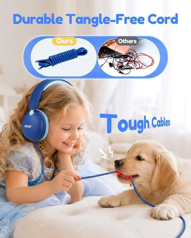 Alt view image 3 of 7 - Kids Headphones with Cord for School74/85dB Volume Limit, Over Ear Headphones for Kids Toddler Girls Boys, Foldable 3.5mm Jack Wired Headphone for Tablet/Computer/Travel/Chromebook, Blue Cyan
