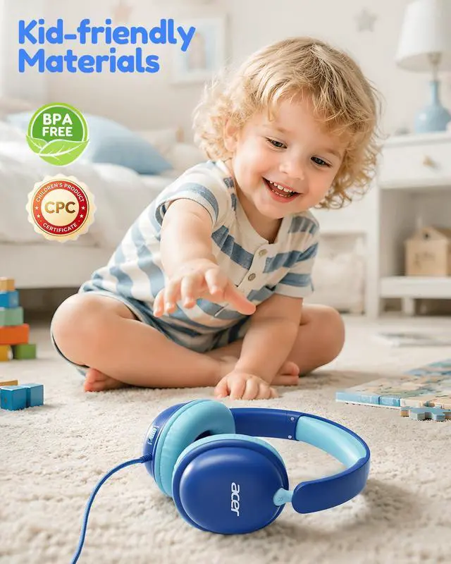 Alt view image 5 of 7 - Kids Headphones with Cord for School74/85dB Volume Limit, Over Ear Headphones for Kids Toddler Girls Boys, Foldable 3.5mm Jack Wired Headphone for Tablet/Computer/Travel/Chromebook, Blue Cyan