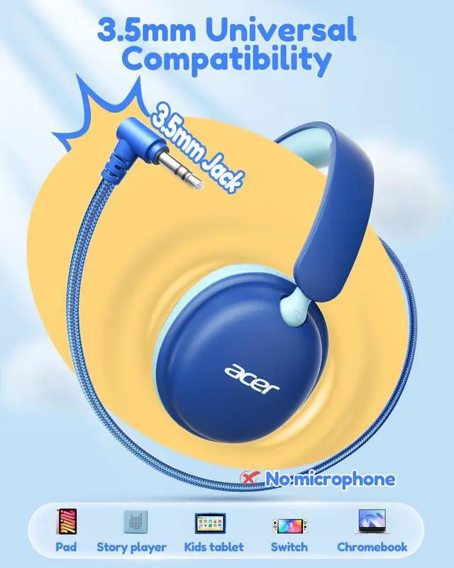 Alt view image 6 of 7 - Kids Headphones with Cord for School74/85dB Volume Limit, Over Ear Headphones for Kids Toddler Girls Boys, Foldable 3.5mm Jack Wired Headphone for Tablet/Computer/Travel/Chromebook, Blue Cyan