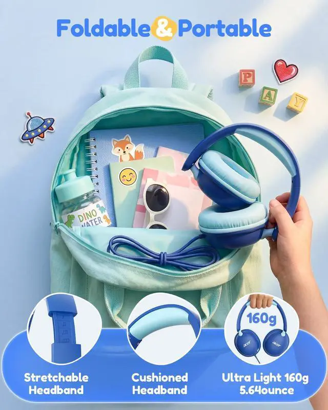 Alt view image 7 of 7 - Kids Headphones with Cord for School74/85dB Volume Limit, Over Ear Headphones for Kids Toddler Girls Boys, Foldable 3.5mm Jack Wired Headphone for Tablet/Computer/Travel/Chromebook, Blue Cyan